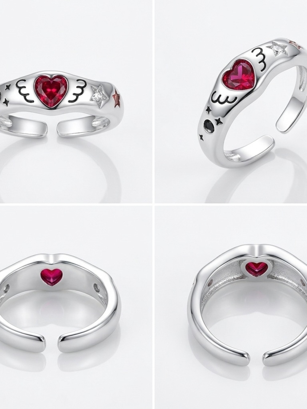 925 Sterling Silver Heart Wing Adjustable Ring with Pink Crystal Accent - Picture 2 of 4